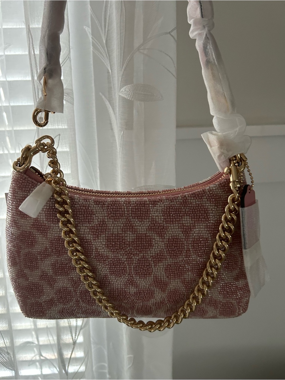 coach pink beaded satin teri shoulder bag in signature